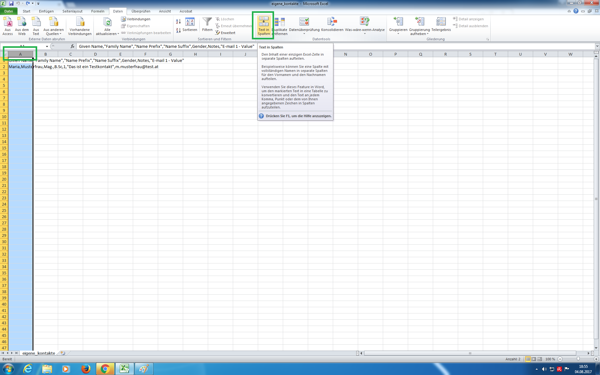 Excel: Text in Spalten verwenden